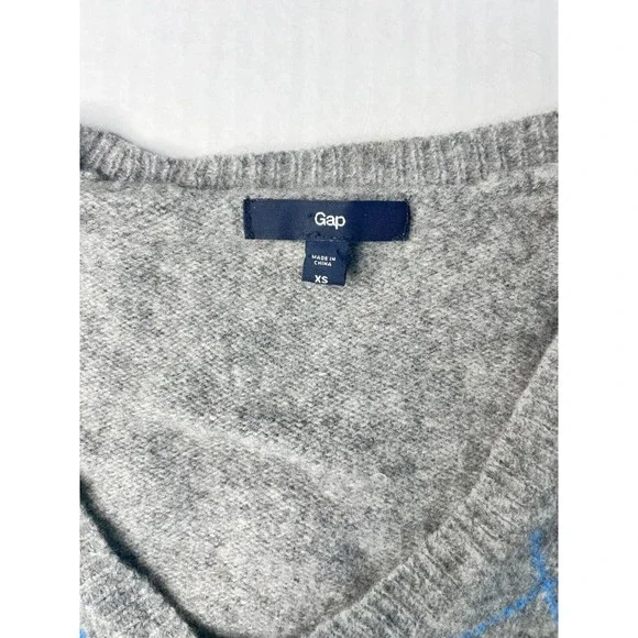 Gap Womens Lambswool Blend Argyle Sweater XS V-Neck Gray Green White - Picture 3 of 9